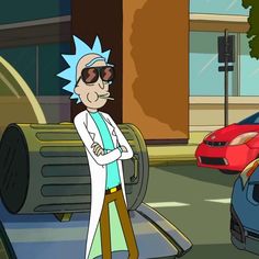 an animated character standing in front of a car