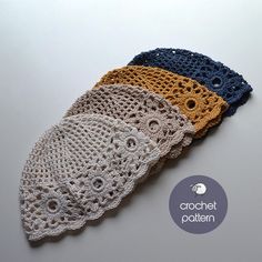 four crochet doily patterns are shown on a white surface with the words crochet pattern below them