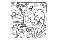 a black and white coloring book page with cartoon characters