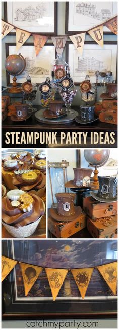 steampunk party ideas with lots of different things on the table and in front