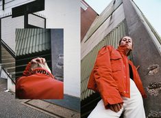 a man in an orange jacket leaning up against a wall next to stairs and another photo of him wearing white pants