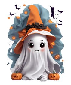 a cute little ghost sitting in front of a white background with bats and pumpkins