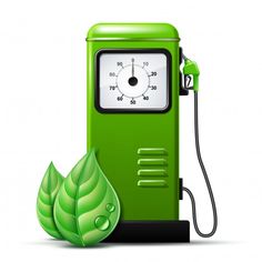 a green gas pump with a leaf on the side and a clock in the middle