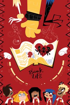 the book life movie poster is shown in red and black, with cartoon characters surrounding it