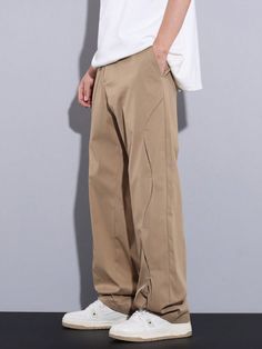 Men's Solid Color Wide Leg Suit Pants With Slanted Pockets Khaki    Woven Fabric Plain  Slight Stretch  Men Clothing, size features are:Bust: ,Length: ,Sleeve Length: Baggy Clothes Korean, Wide Leg Suit Pants, Khaki Dress Pants, Baggy Clothes, Men Suit, Estilo Hip Hop, Khaki Dress, Suit Pants, Suit Separates