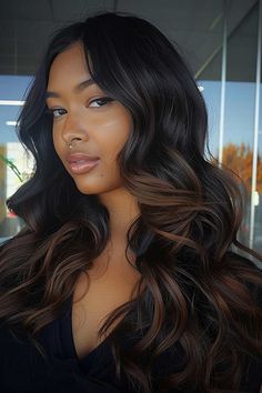 Black Hair Summer Highlights, Near Black Hair Color, Black And Brown Hair Balayage, Balyage For Black Hair, Brown Ombre On Black Hair, Brown To Black Hair Transformation, Black Hair With Warm Highlights, Black And Chocolate Brown Hair, Black Hair With Brown Underneath