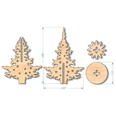 three wooden christmas trees with stars on the top and one in the middle, next to a