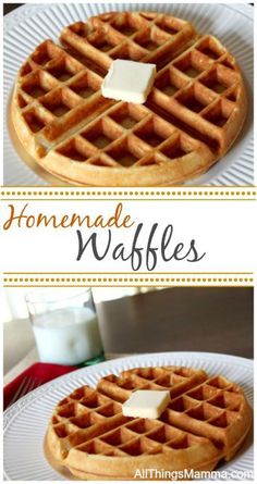 two waffles with butter on top and the words homemade waffles above them