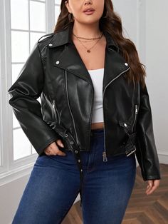 Plus Zip Up Patent Moto Jacket Black Casual  Long Sleeve PU Leather Plain Biker Non-Stretch  Women Plus Clothing, size features are:Bust: ,Length: ,Sleeve Length: Leather Jacket Plus Size, Function Outfit, Plus Size Leather Jacket, School Function, Womens Leather Biker Jacket, Fast Fashion Brands, Fall Wear, Oversized Coat, Plus Size Kleidung