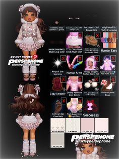 an image of a doll with different clothes and accessories on the front, in white