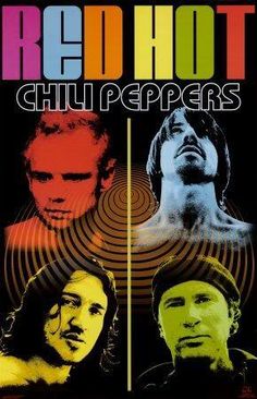 the red hot chili peppers poster with two men on each side and one man looking up