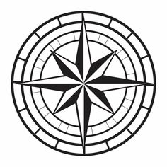 a black and white image of a compass in the center of a circular design,