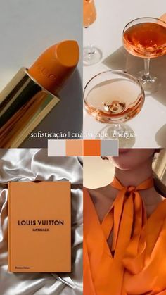 an orange and gold color scheme with wine glasses, lipstick, perfume bottle and other items