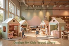 two children playing in a playroom with wooden furniture and toys on the floor next to large windows