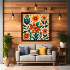 a living room with a couch, table and potted plants on the side wall