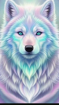 a white wolf with blue eyes sitting in front of a purple and green background,