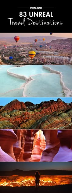 three different views of the desert with hot air balloons in the sky and water below