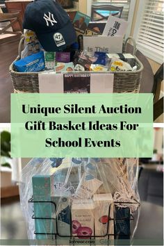 a basket filled with gifts for school students and the words unique silent auction gift basket ideas for school events