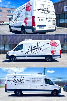 three different vans parked in front of a building with writing on the side of them