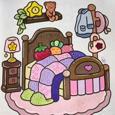 a child's drawing of a bed with toys on it