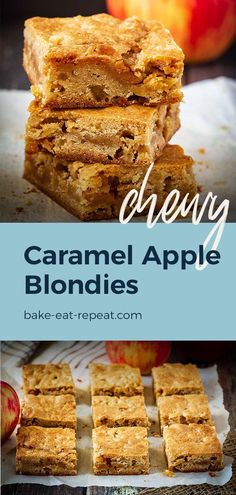 caramel apple blondies stacked on top of each other