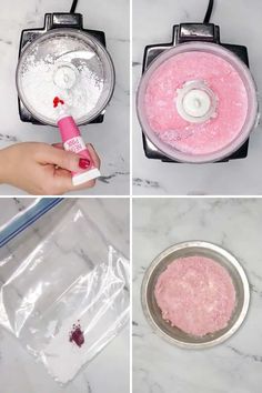 four photos showing how to make pink jello in a food processor and then blending