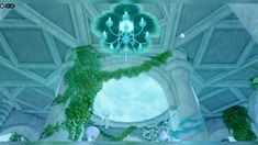 an image of a video game scene with green plants on the ceiling and blue lights in the background