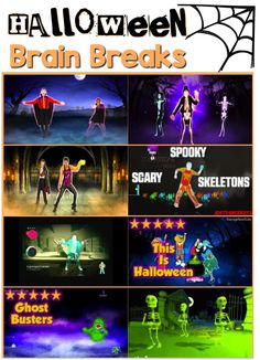 the halloween brain breaks poster is shown in multiple different colors and sizes, with text that reads