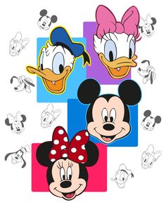 three mickey mouses with different faces and expressions on their heads, all in various colors