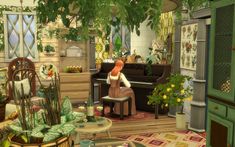 a woman sitting at a piano in a living room filled with furniture and potted plants