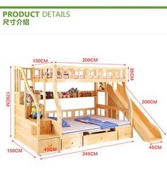 bunk bed with stairs and storage drawers for children's room, size guide to build