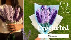 two pictures one with flowers and the other with crocheted text that reads, flowerers