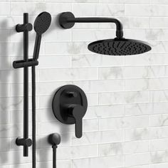 an image of a shower head with thermostaer and faucet in black