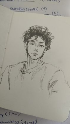 a drawing of a young man with curly hair sitting on top of a piece of paper