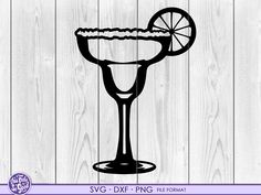 a black and white silhouette of a margarita drink with a slice of lemon on the rim