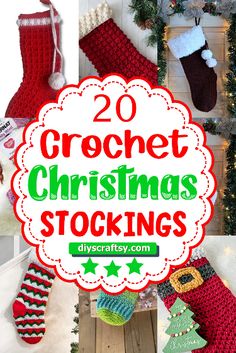 crochet christmas stockings with text overlay that reads 20 crochet christmas stockings