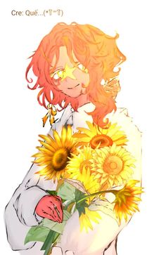 a drawing of a girl holding sunflowers in her hands and looking at the camera