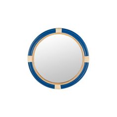 a round mirror with blue and gold trimmings on the edges, against a white background