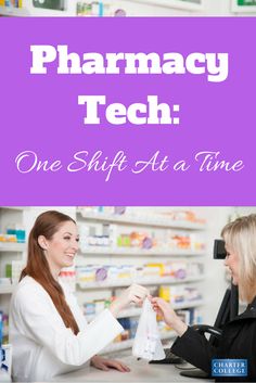 two women are talking to each other in a pharmacy shop with the words pharmacy tech one shift at a time