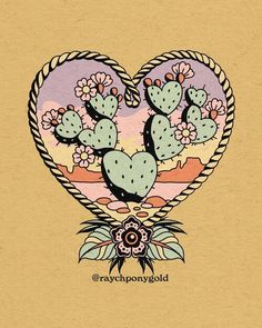 a drawing of a heart shaped cactus with flowers in the center on a yellow background