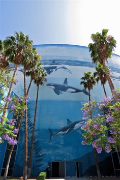 a mural on the side of a building with several orca's and palm trees