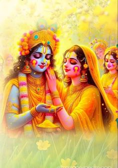 two women dressed in yellow and orange are looking at each other's eyes, with the words happy holi written on their forehead