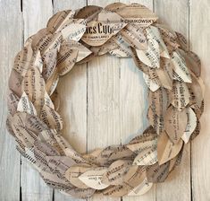 a wreath made out of old book pages