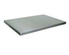 a stainless steel shelf is shown against a white background