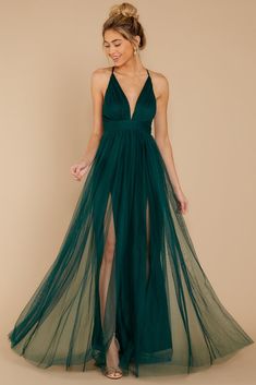 Elegant Green Tulle Gown - Flowy Formal Maxi Dress - Dress - $66.00 – Red Dress Hunter Green Maxi Dress, Green Gowns, Tulle Maxi Dress, Full Maxi Skirt, Yule Ball, Green Tulle, Maxi Dress Outfit, Green Dresses, Formal Dresses Gowns