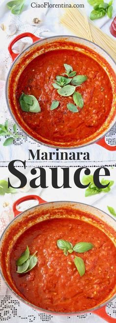 two pans filled with marinara sauce and garnished with fresh basil leaves