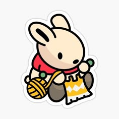 a cartoon rabbit holding a yarn ball and knitting it with a needle sticker on the side