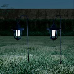 two black lights in the grass at night