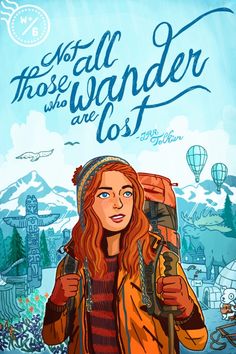 a woman with red hair is holding a backpack in her hand and the words still those wander are lost