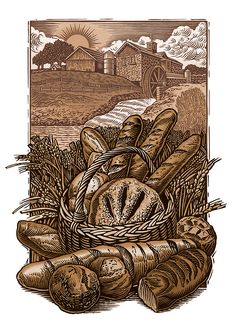 an illustration of bread in a basket on the ground